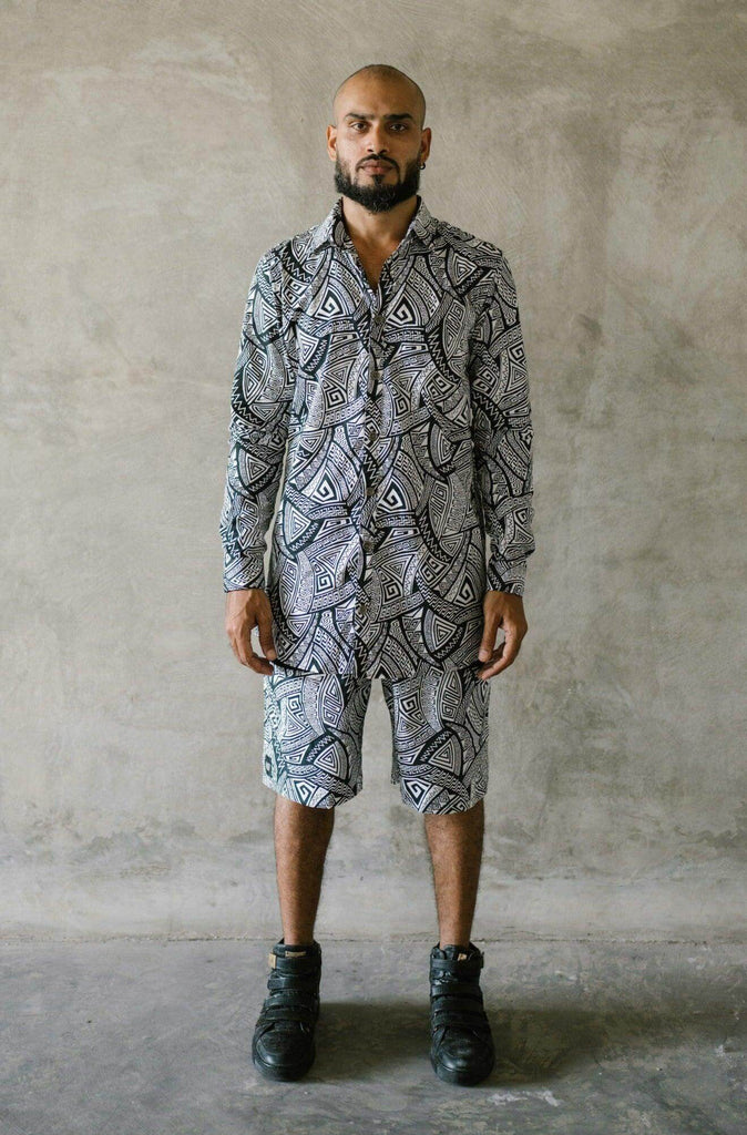 VALO SPIRIT PANTAI Black & White Tribal - A classic slim fit button up shirt with unique print - VALO Design Clothing 