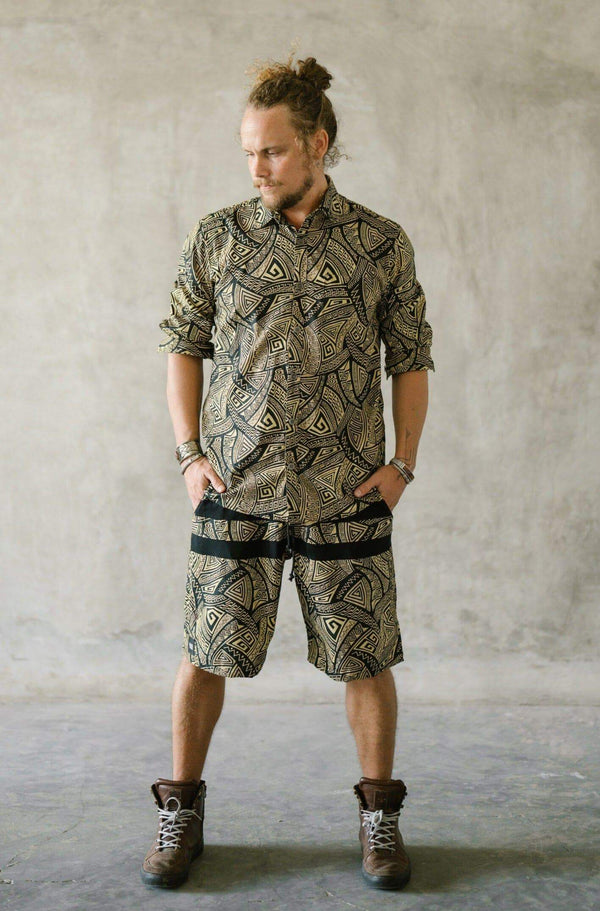 VALOdesigns Pants VALO SPIRIT PANTAI Black & Gold Tribal - Light cotton summer shorts with designer art work print