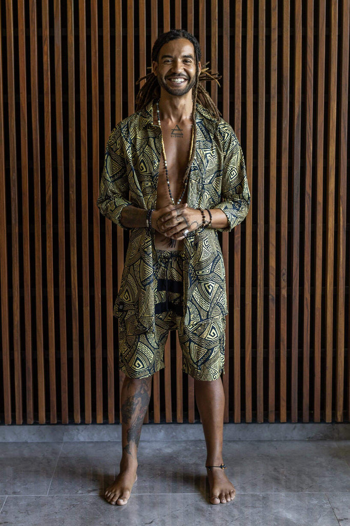 VALO SPIRIT PANTAI SHORTS Black & Gold Tribal - Light cotton summer shorts with designer art work print - VALO Design Clothing 
