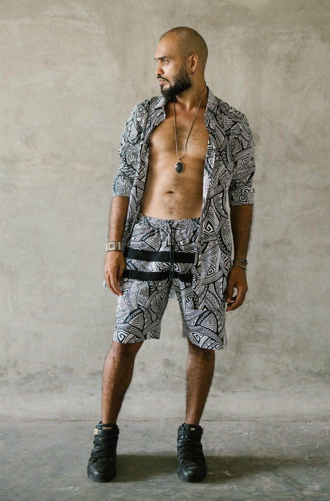 VALO SPIRIT PANTAI SHORTS Black & White Tribal - Light cotton summer shorts with designer art work print - VALO Design Clothing 