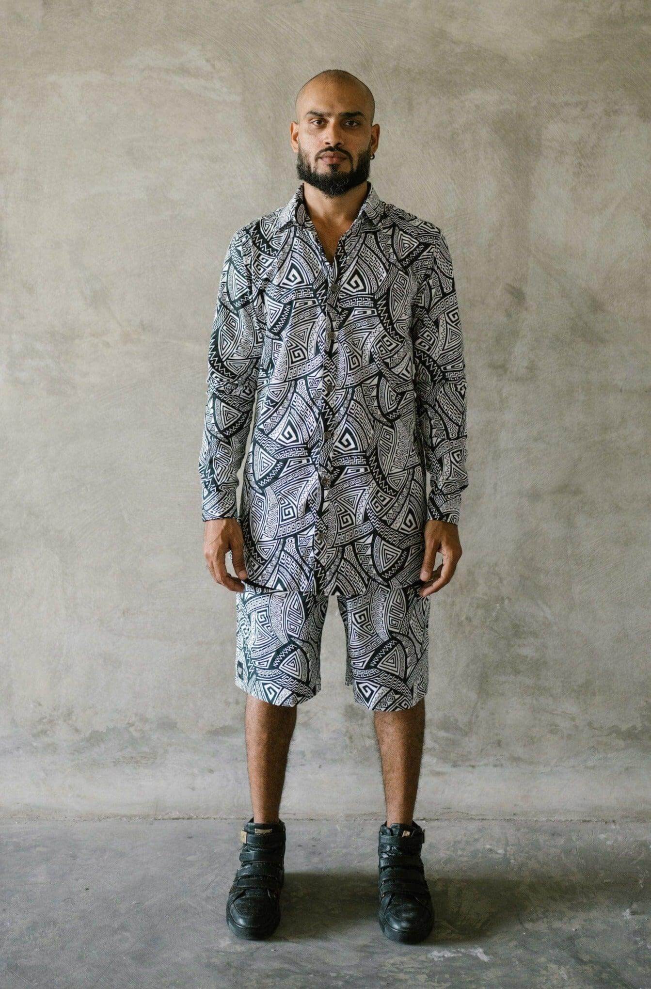 VALOdesigns Pants Black & Gold VALO SPIRIT PANTAI SHORTS Black & White Tribal - Light cotton summer shorts with designer art work print