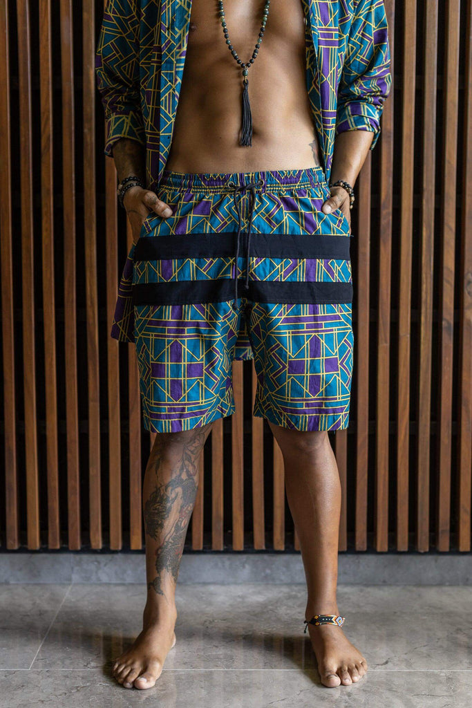 VALO SPIRIT PANTAI SHORTS Blue Geometric - Light cotton summer shorts with designer art work print - VALO Design Clothing 