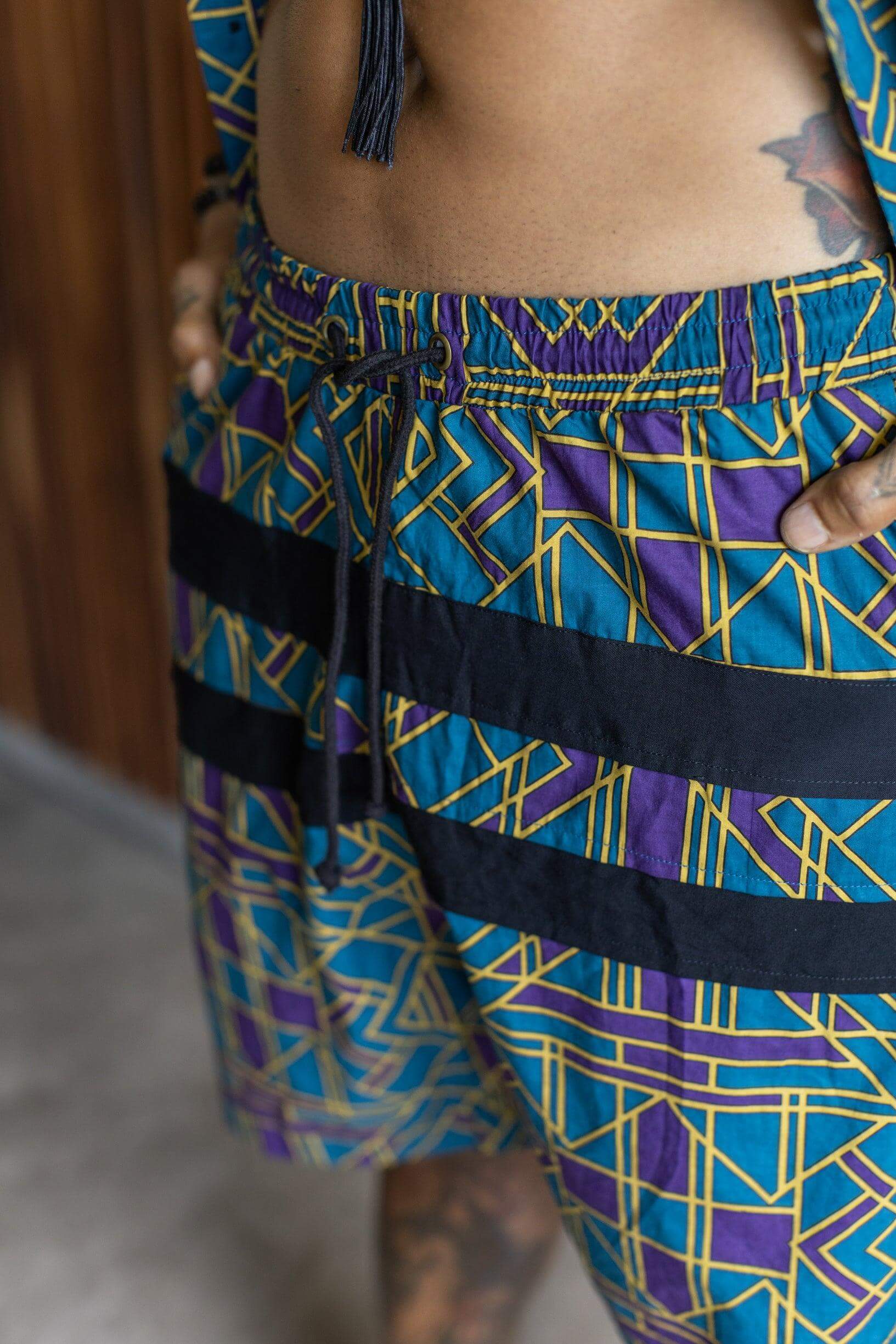 VALO SPIRIT PANTAI SHORTS Blue Geometric - Light cotton summer shorts with designer art work print - VALO Design Clothing 