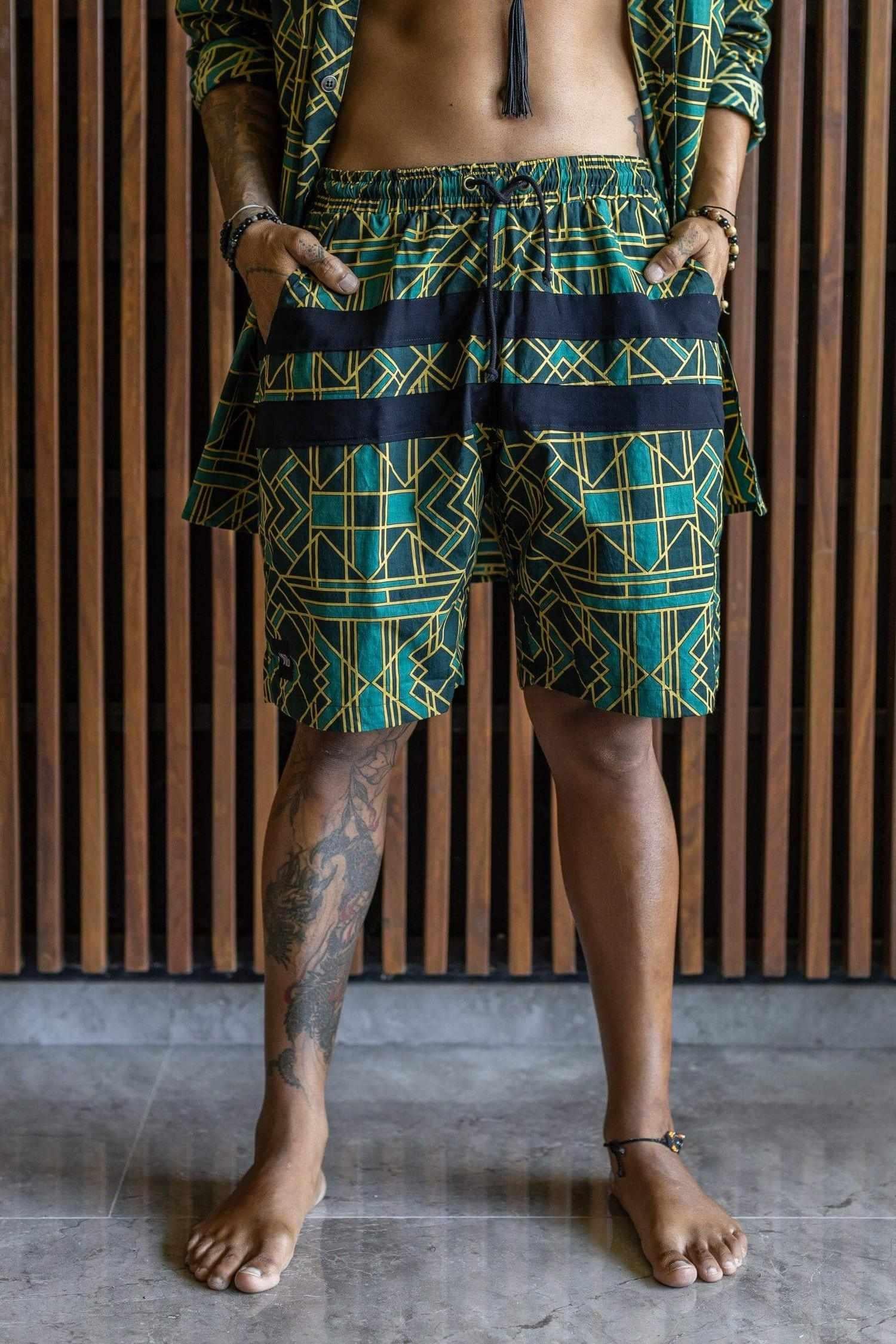 VALO SPIRIT PANTAI SHORTS Green Geometric - Light cotton summer shorts with designer art work print - VALO Design Clothing 