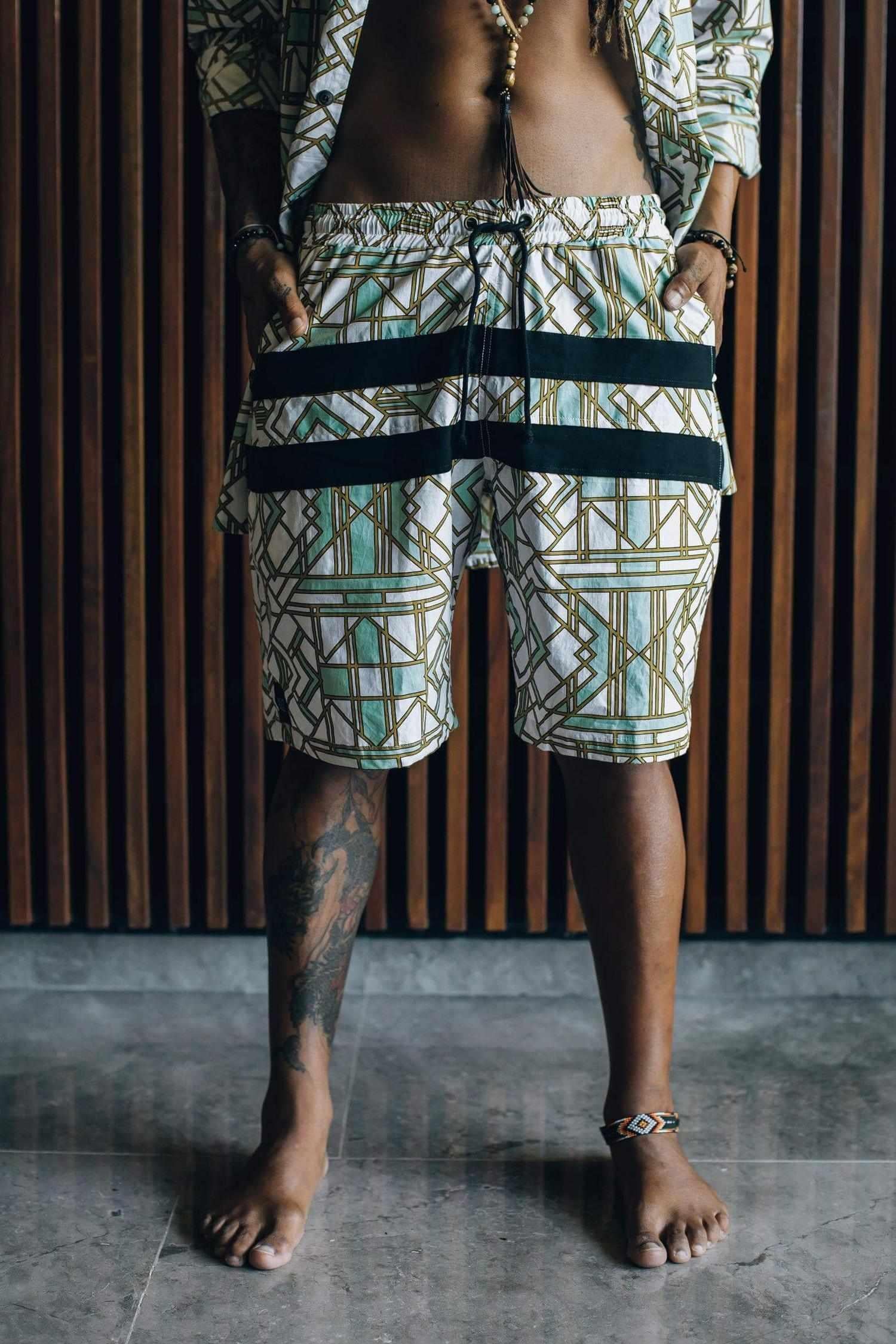 VALO SPIRIT PANTAI SHORTS White Geometric - Light cotton summer shorts with designer art work print - VALO Design Clothing 