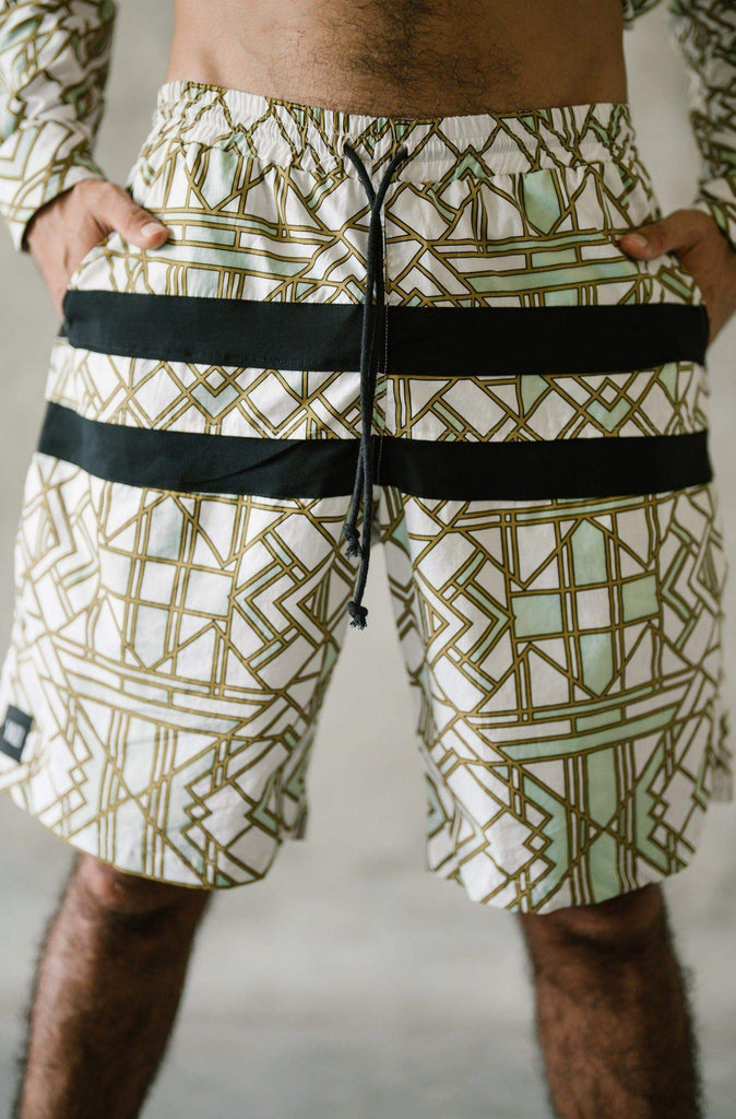 VALOdesigns Pants White / Mint / Gold / Black VALO SPIRIT PANTAI SHORTS White Geometric - Light cotton summer shorts with designer art work print