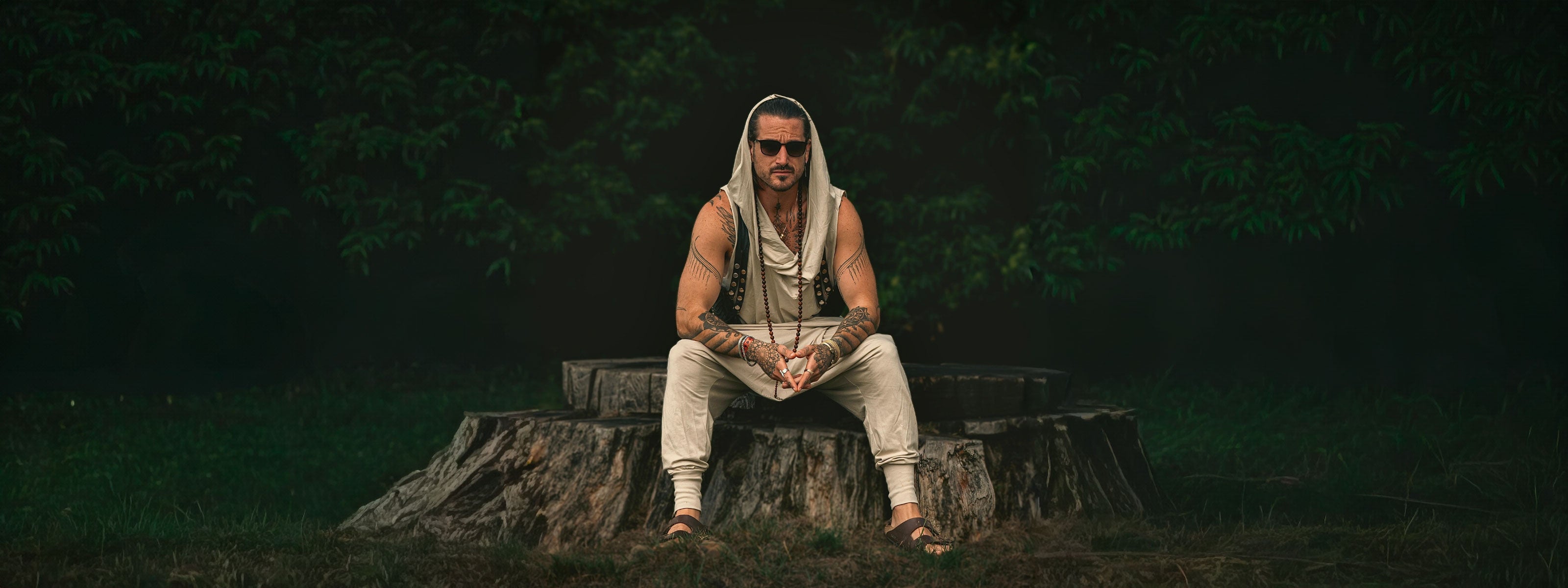 Person sitting on a tree stump in a forest setting