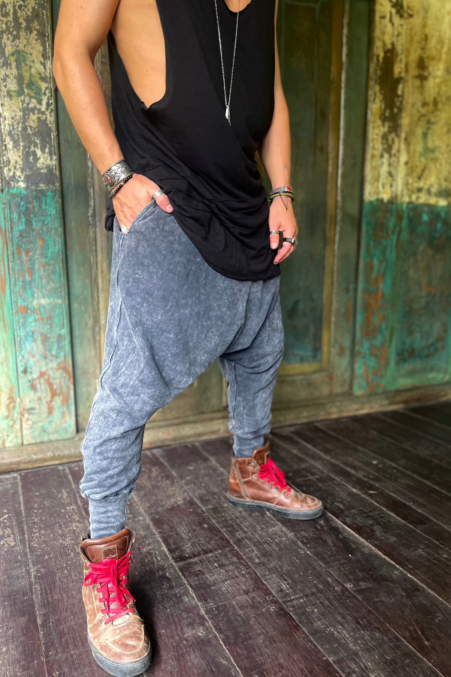VALO Design Pants URBAN NINJA - Elegant Black Stonewash / Dark Grey harem drop crotch trousers from high quality 100% cotton 